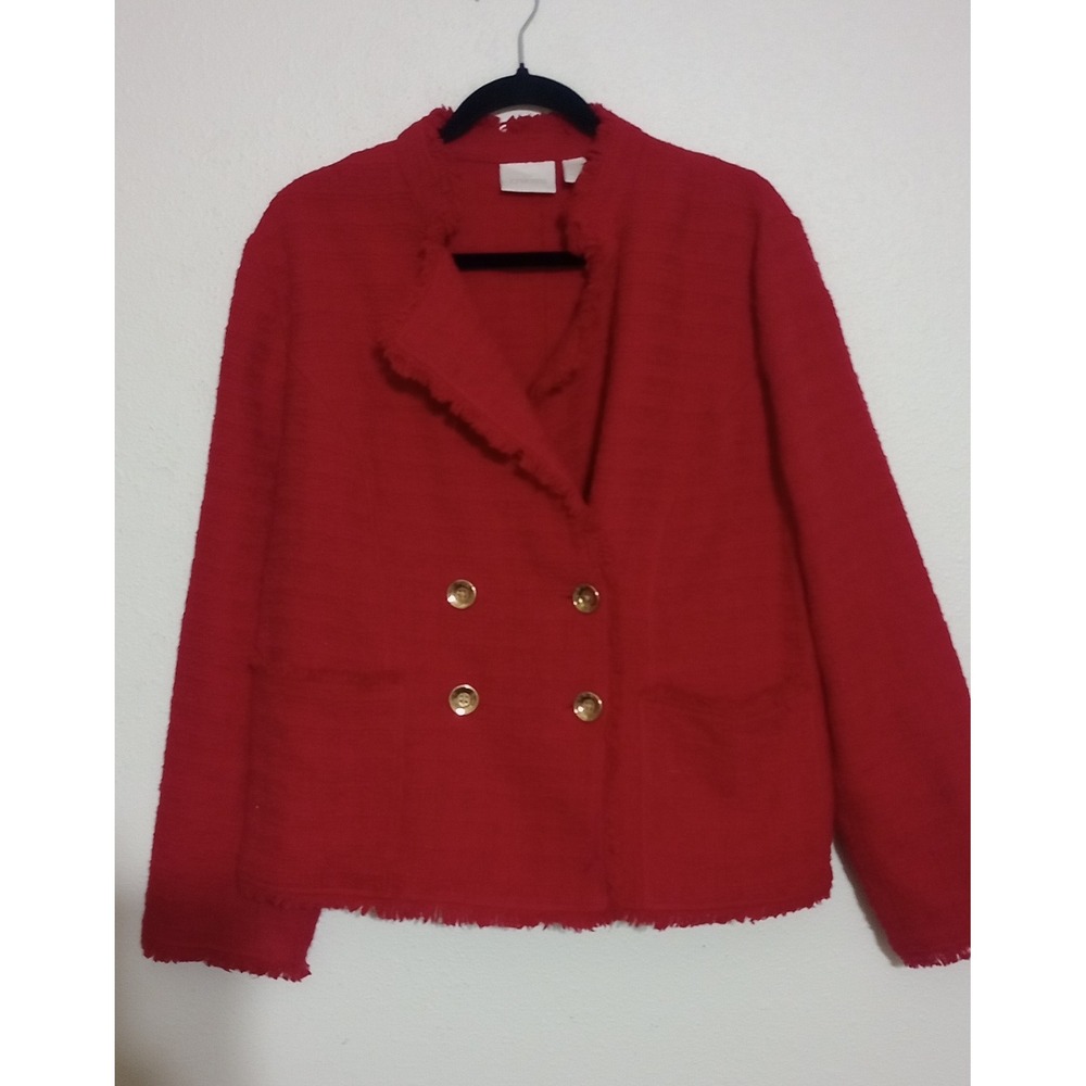 Chico's Red Tweed Frayed Edge Double Breasted Blazer Jacket Gold Buttons XL